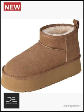 Genuine Suede Ankle Platform Boots for Women Winter Snow Boots with Faux Fur